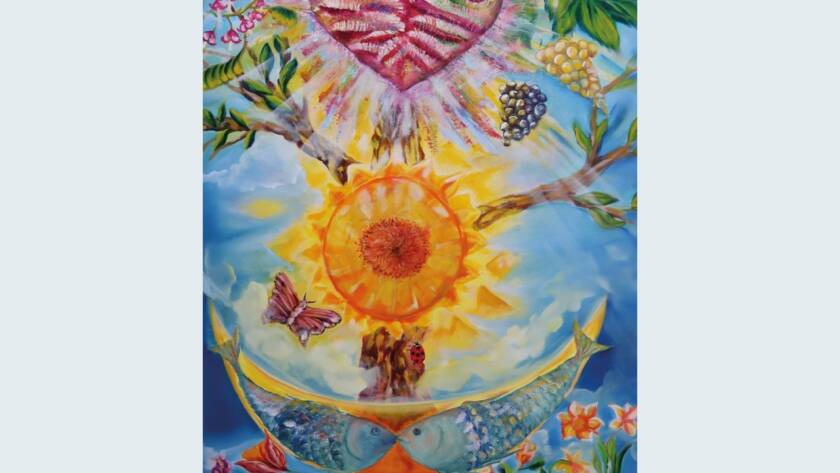 Plakat „Quintessenz“ – Meisterschüler-Abschlussausstellung von Evgeniya Scherer: Gemälde eines Lebensbaums mit Herz, Sonnenblume und zwei Fischen